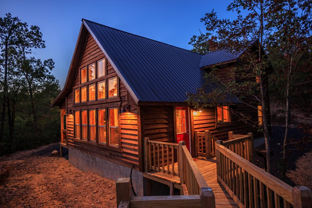 Exterior Twilight 4 Hideaway At Clear Sky Ridge Cabin Rentals Near Wolf Pen Gap In Mena Arkansas